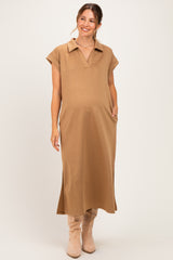Camel Collared Oversized Maternity Midi Dress