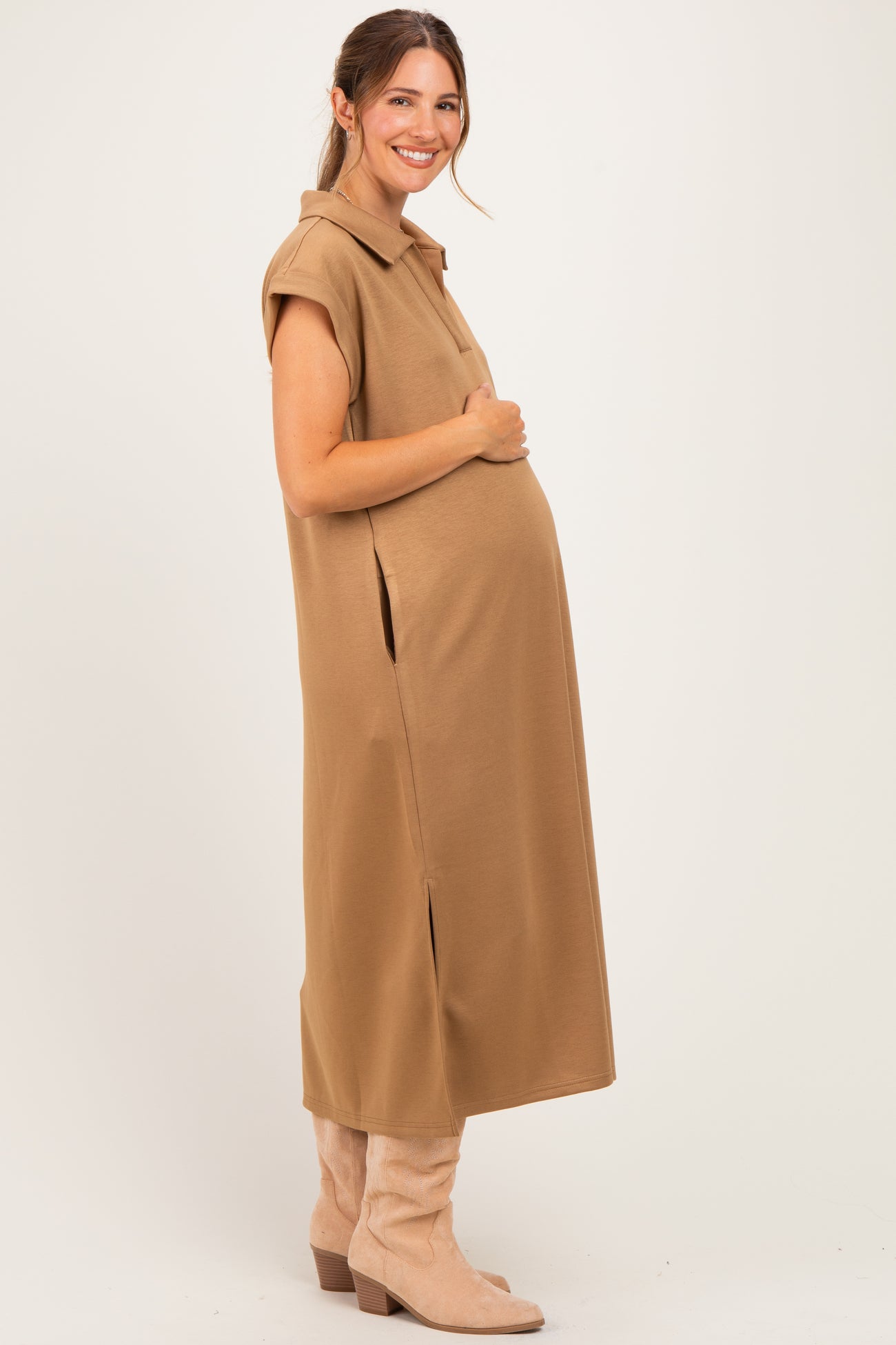Camel Collared Oversized Maternity Midi Dress