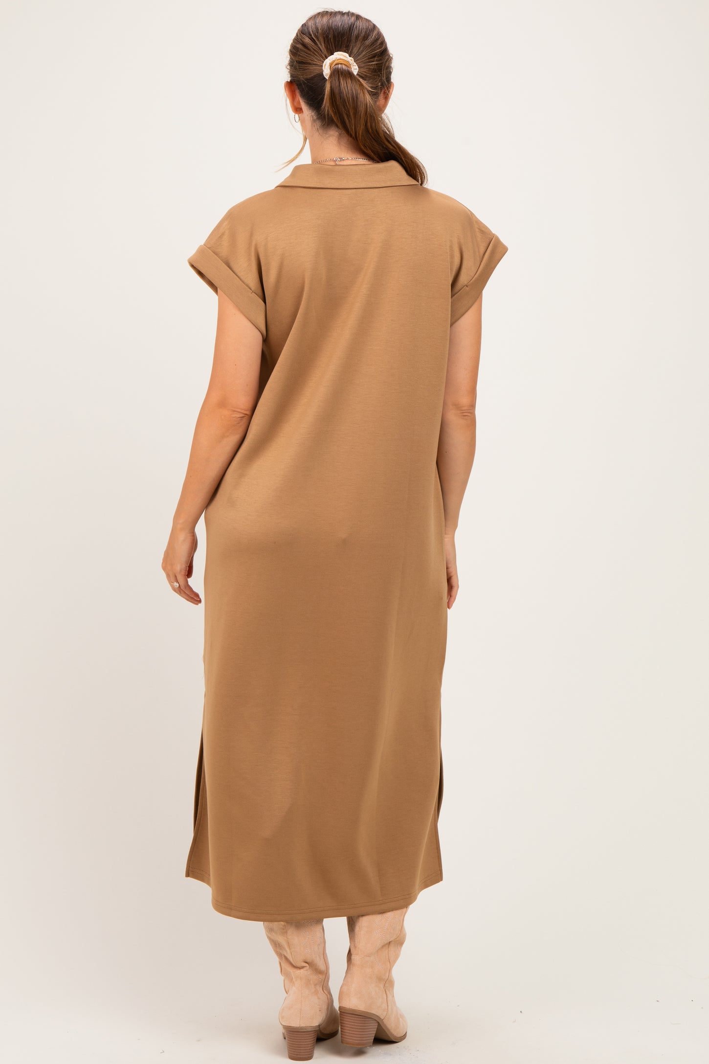 Camel Collared Oversized Maternity Midi Dress