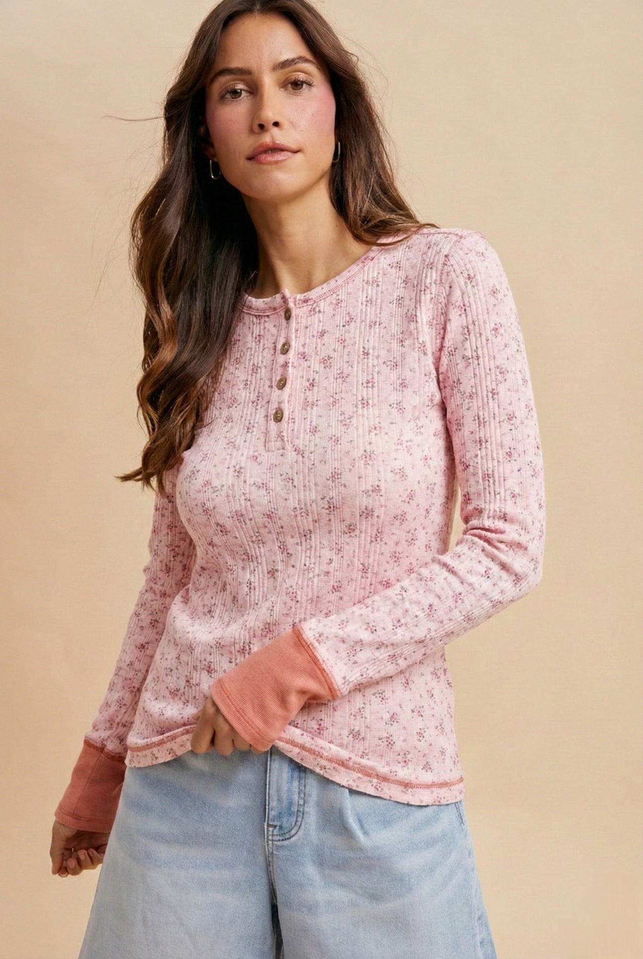 Soft Pink Floral Ribbed Henley Top
