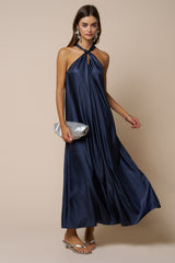 Navy Halter Back Bow Tie Maternity Maxi Dress