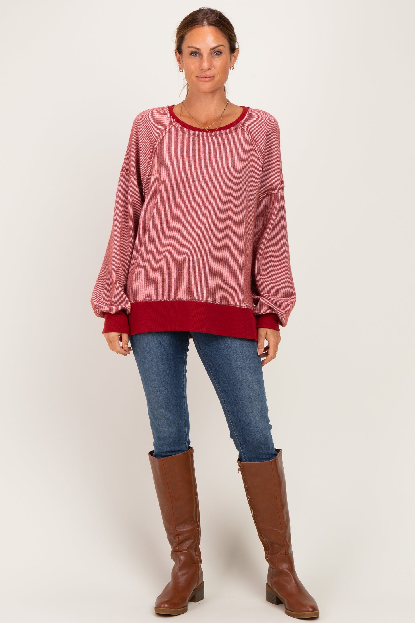 Burgundy Two Tone Oversized Thermal Knit Top