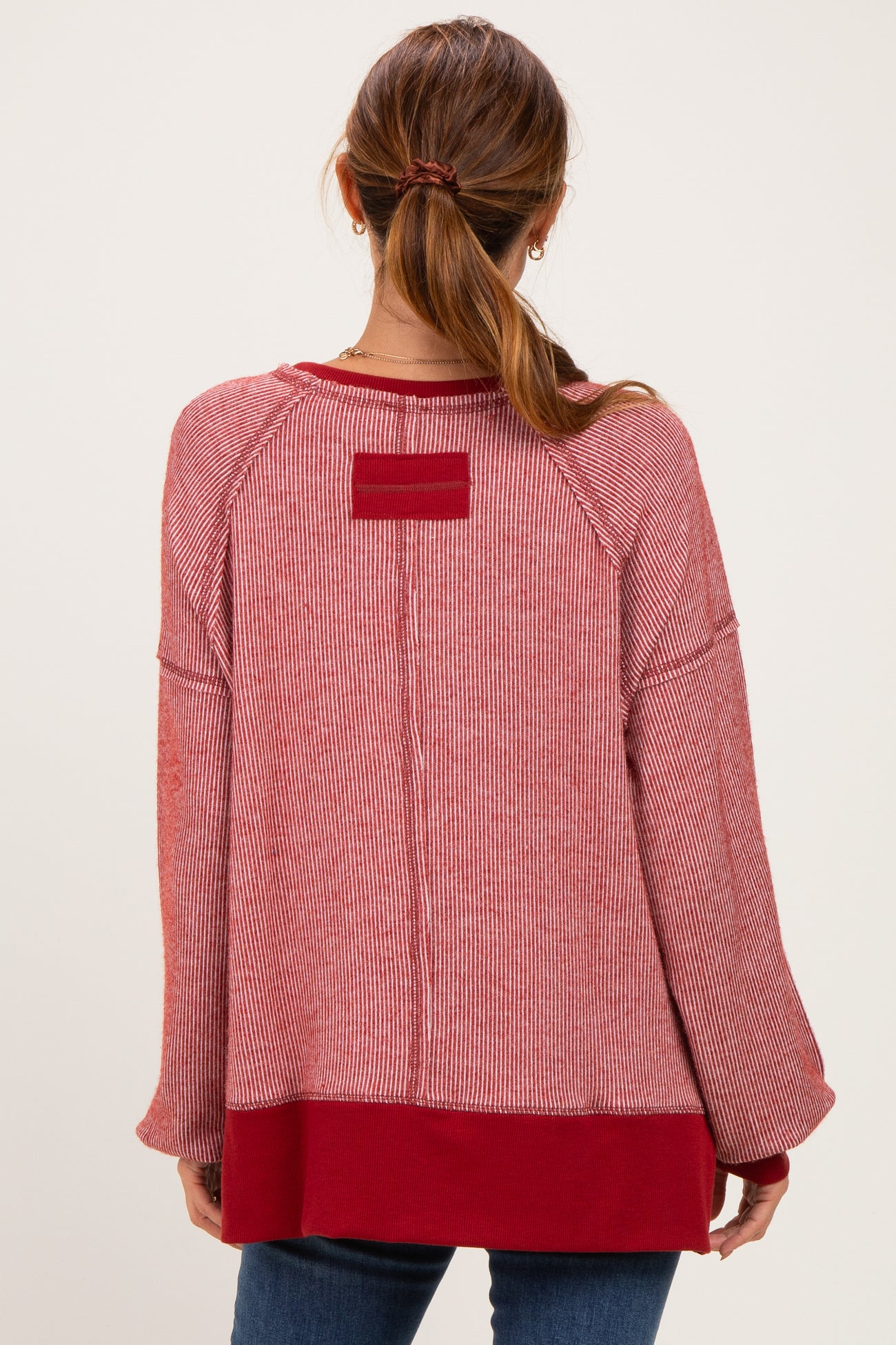 Burgundy Two Tone Oversized Thermal Knit Top