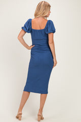 Blue Knit Twisted Bust Short Sleeve Midi Dress