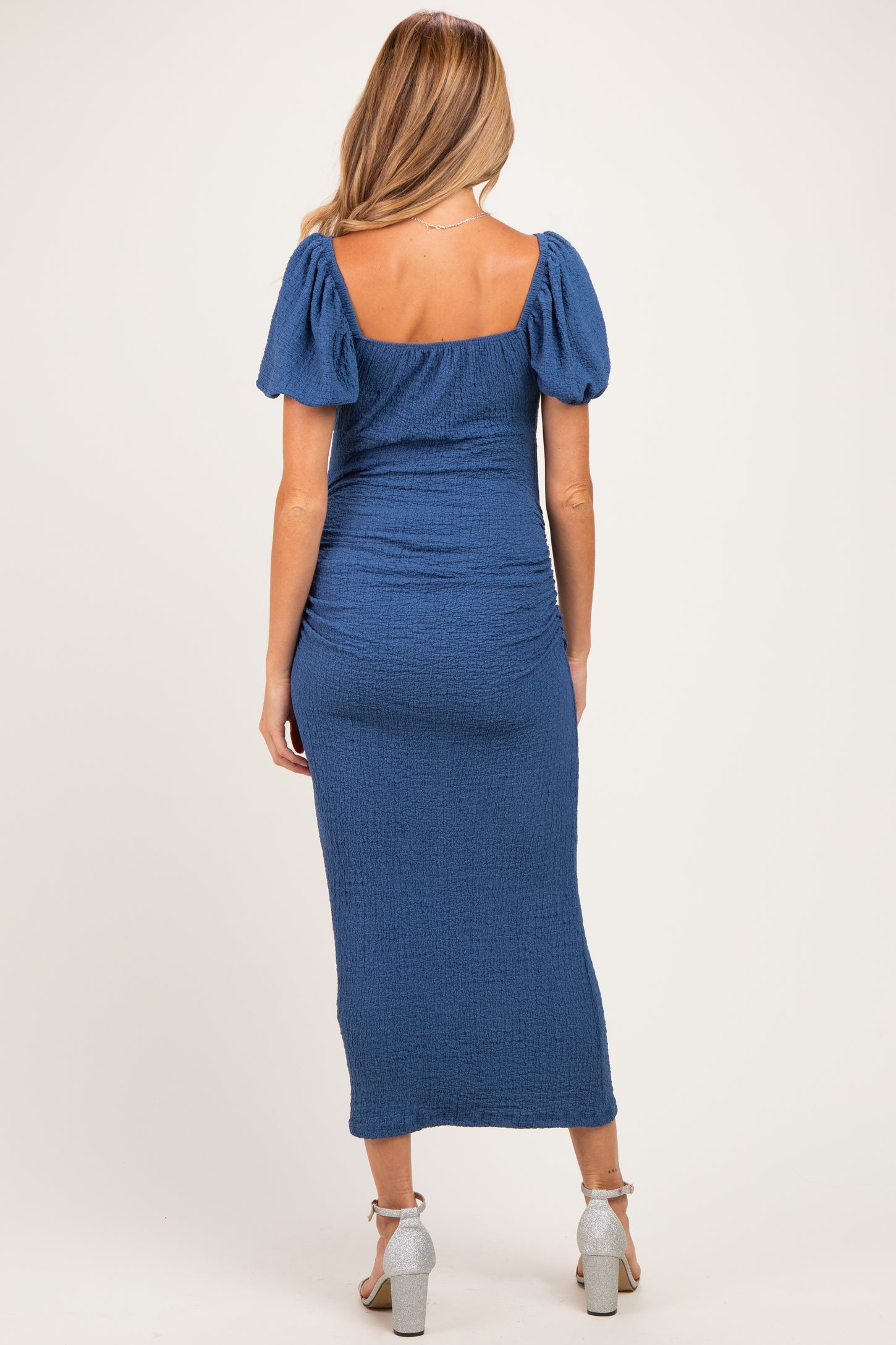 Blue Knit Twisted Bust Short Sleeve Maternity Midi Dress