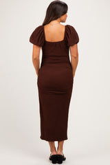 Brown Knit Twisted Bust Short Sleeve Maternity Midi Dress