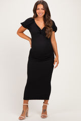 Black Knit Twisted Bust Short Sleeve Maternity Midi Dress