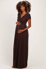 PinkBlush Brown Draped Maternity/Nursing Maxi Dress