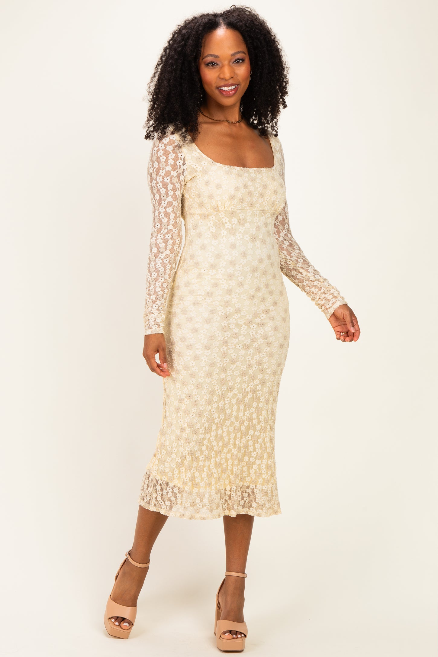 Cream Floral Lace Long Sleeve Square Neck Midi Dress