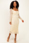 Cream Floral Lace Long Sleeve Square Neck Midi Dress