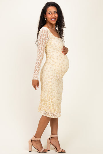Cream Floral Lace Long Sleeve Square Neck Maternity Midi Dress