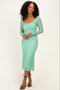 Green Floral Lace Long Sleeve Square Neck Midi Dress