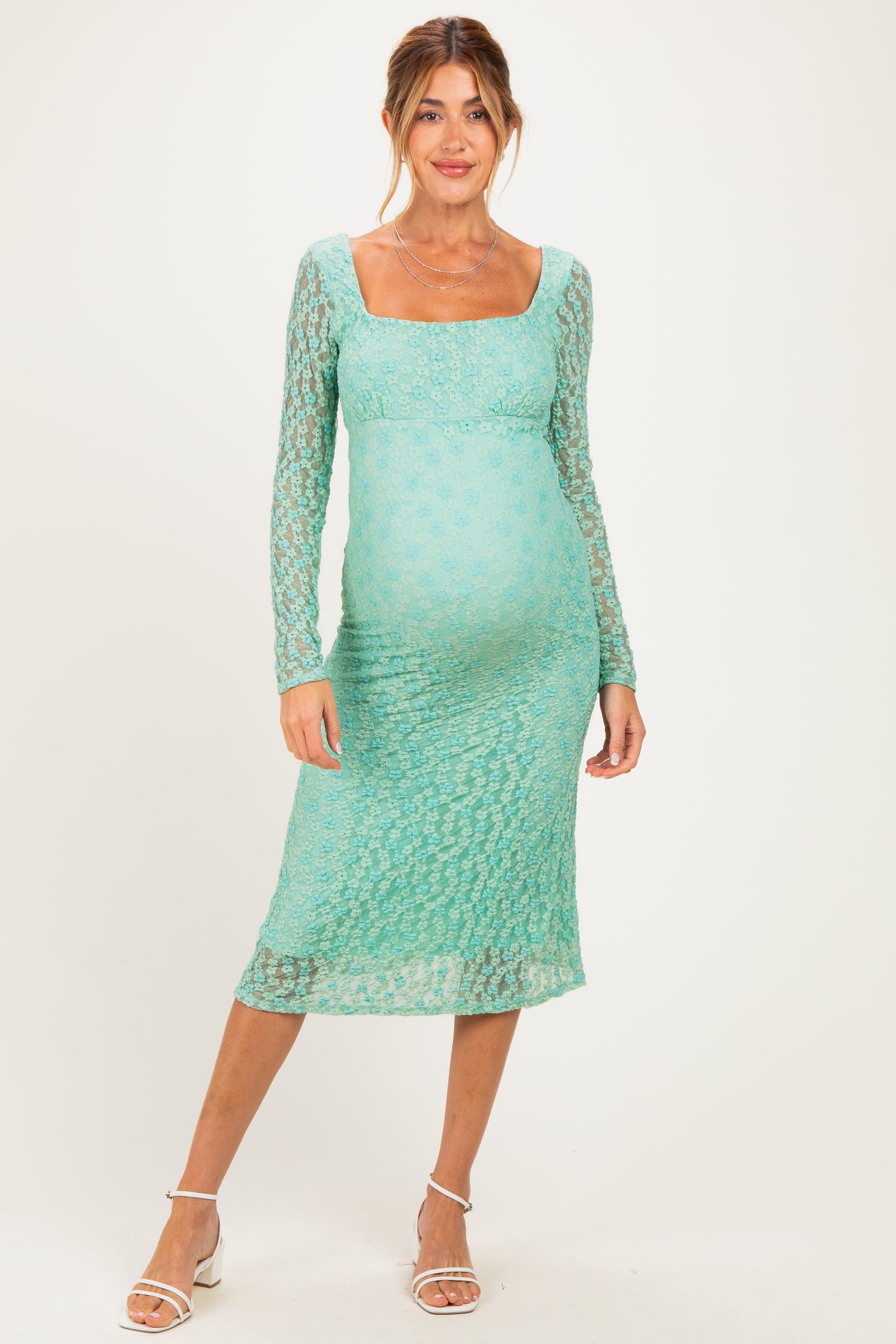 Green Floral Lace Long Sleeve Square Neck Maternity Midi Dress