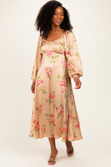 Champagne Floral Button Detail Midi Dress