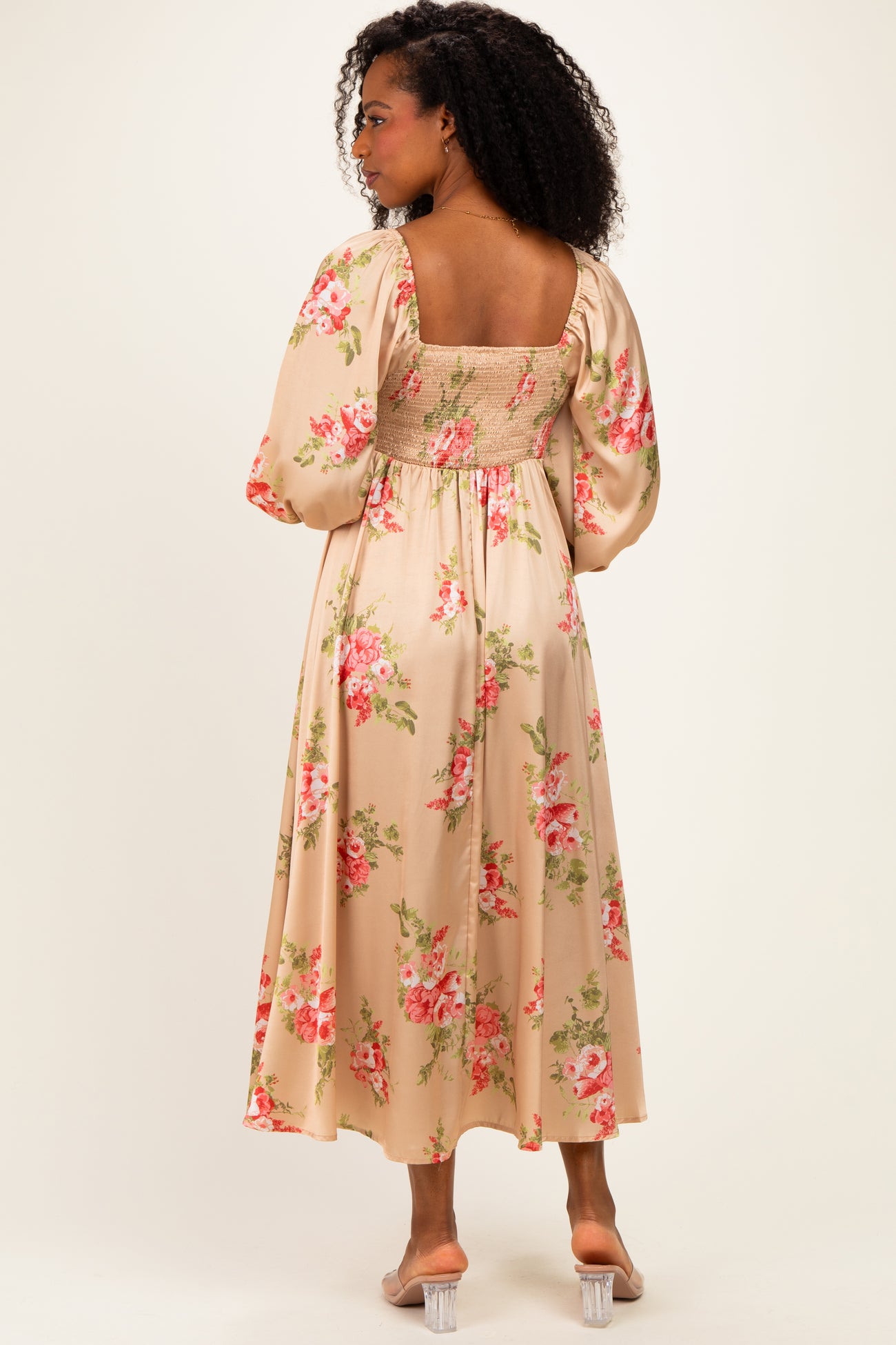 Champagne Floral Button Detail Midi Dress