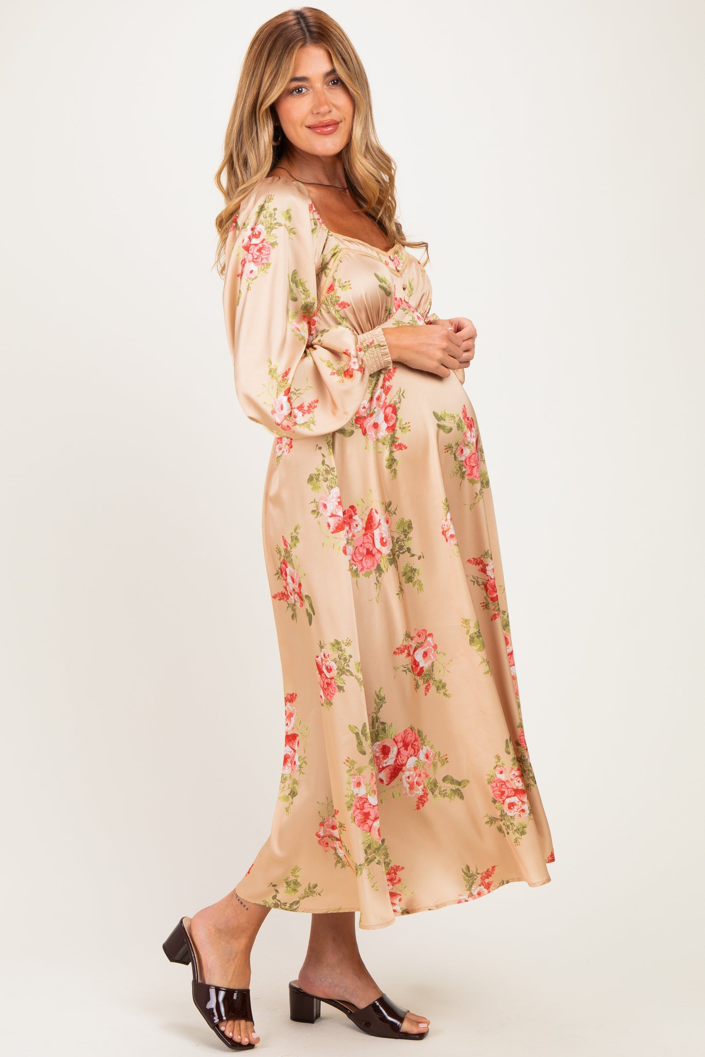 Champagne Floral Button Detail Maternity Midi Dress