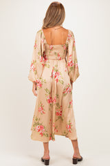 Champagne Floral Button Detail Maternity Midi Dress