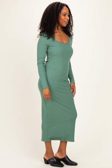 Olive Scoop Neck Long Sleeve Midi Dress