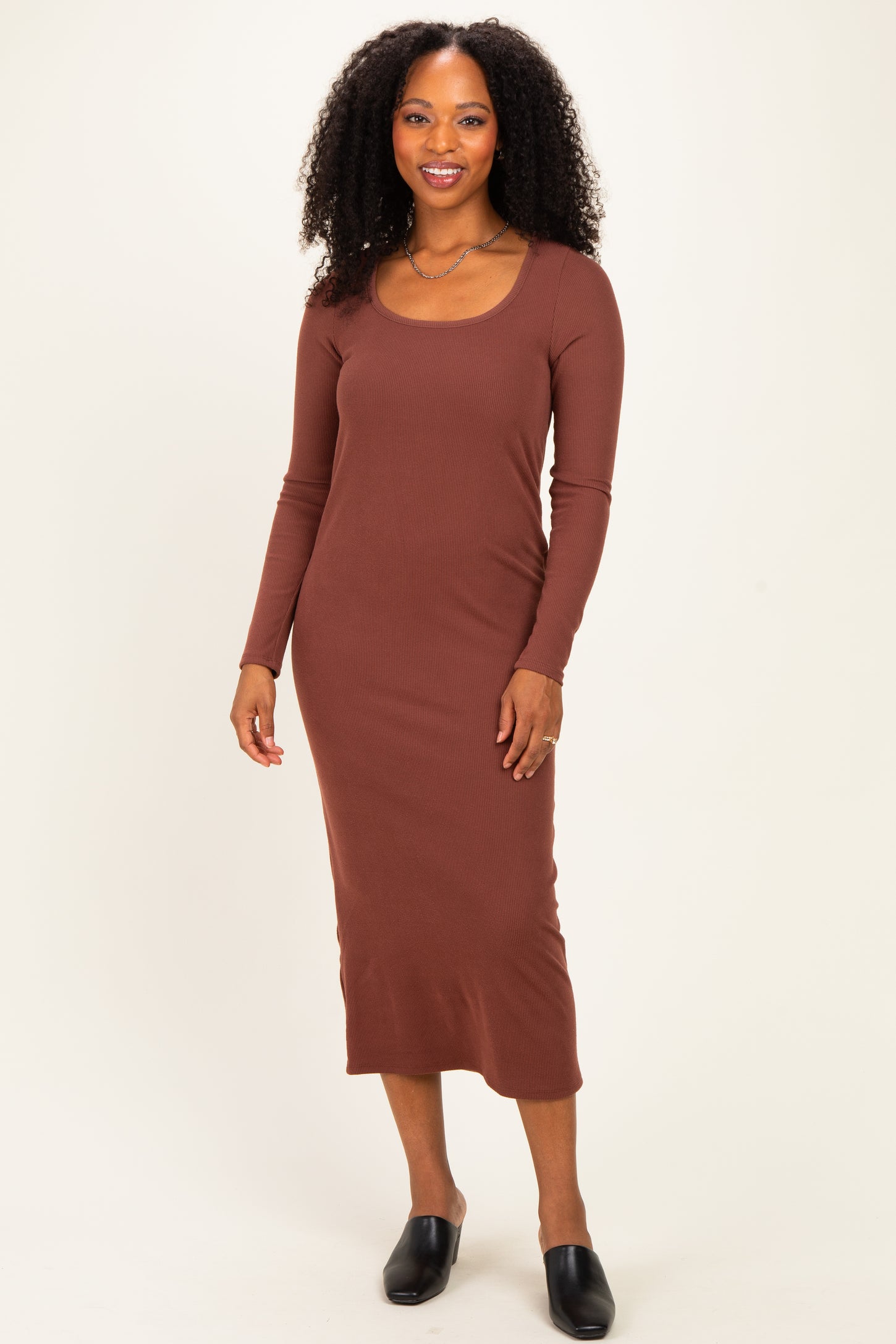 Brown Scoop Neck Long Sleeve Midi Dress