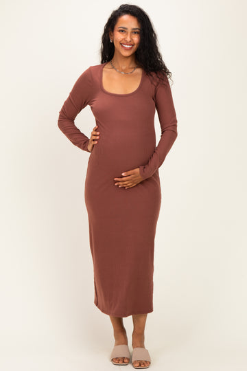 Brown Scoop Neck Long Sleeve Maternity Midi Dress