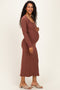 Brown Scoop Neck Long Sleeve Maternity Midi Dress
