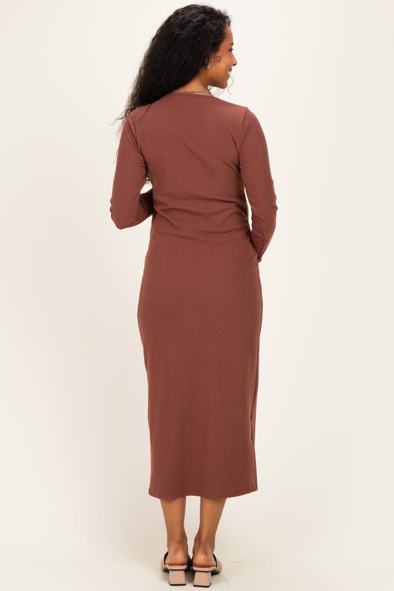 Brown Scoop Neck Long Sleeve Maternity Midi Dress