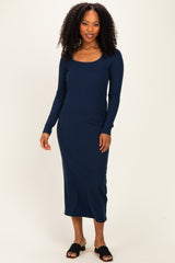 Navy Scoop Neck Long Sleeve Maternity Midi Dress