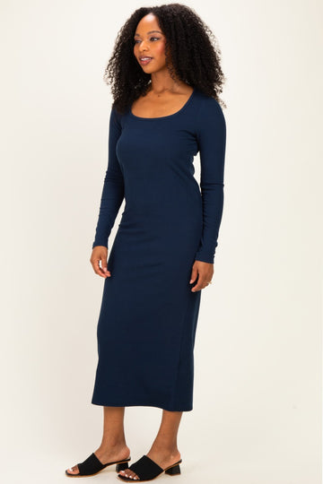 Navy Scoop Neck Long Sleeve Midi Dress