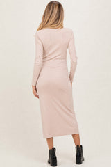 Beige Scoop Neck Long Sleeve Maternity Midi Dress