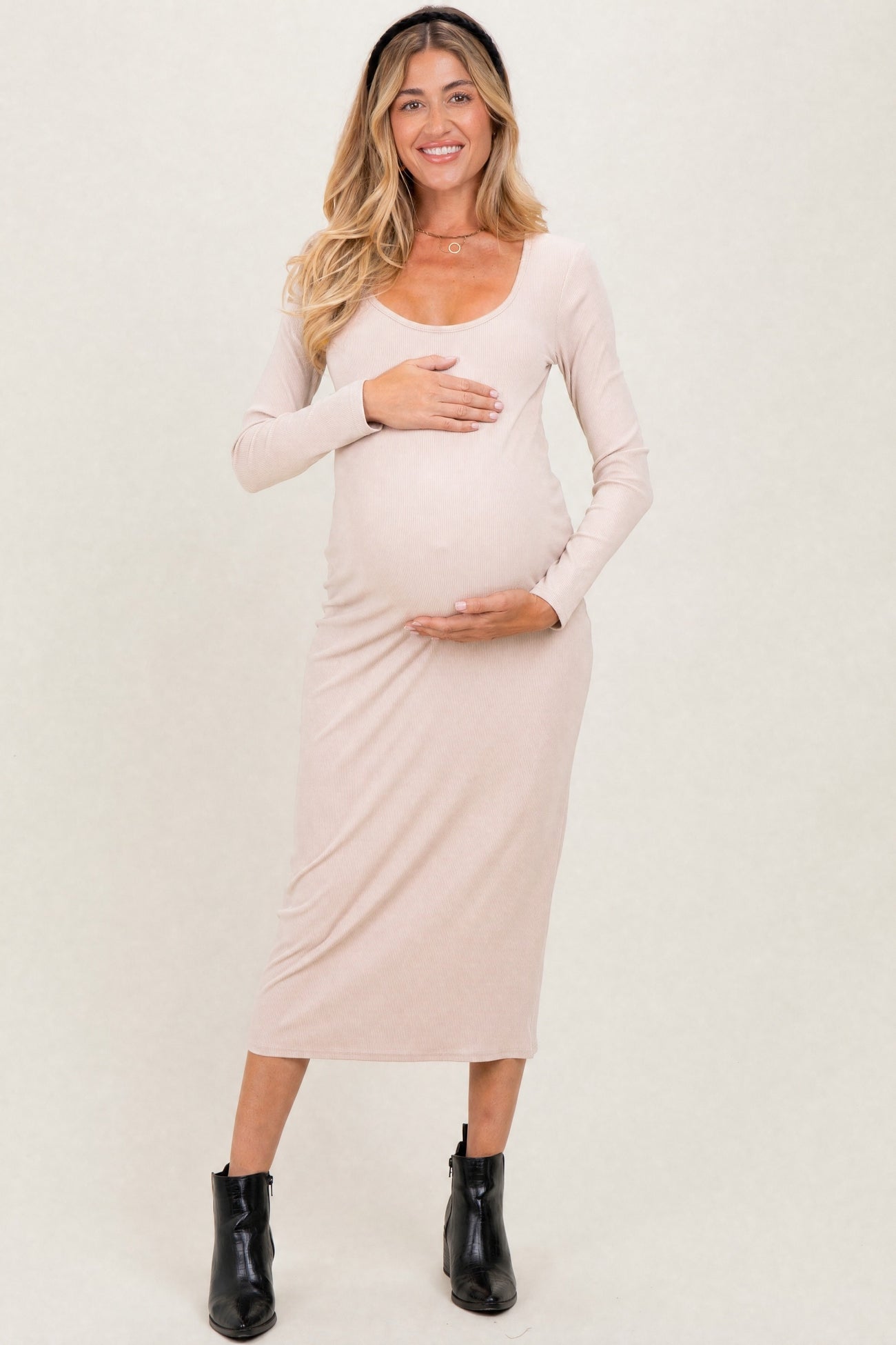 Beige Scoop Neck Long Sleeve Maternity Midi Dress