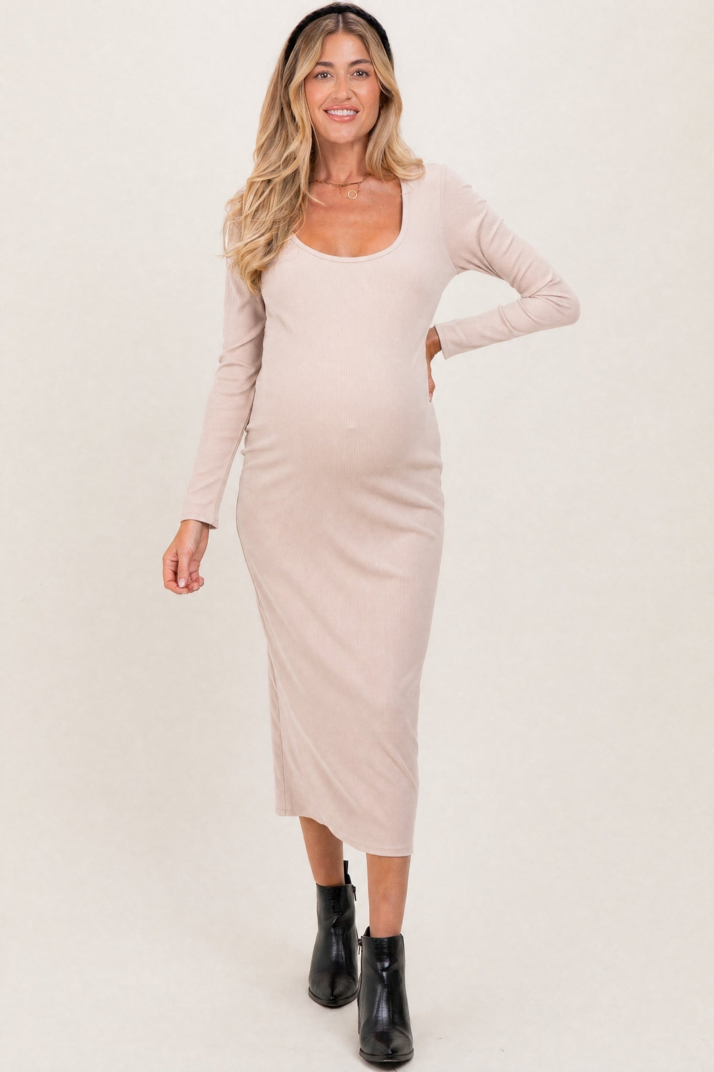 Beige Scoop Neck Long Sleeve Maternity Midi Dress