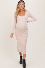 Beige Scoop Neck Long Sleeve Maternity Midi Dress