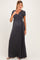 woman wearing a dark gray short sleeve maternity maxi dress with a crossover bodice and baby bump visible
