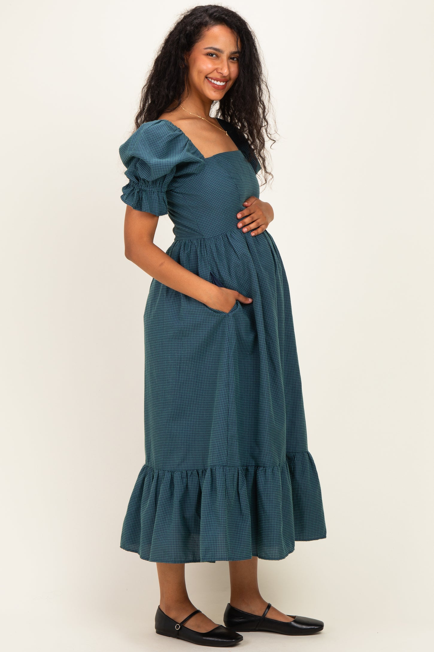 Deep Teal Gingham Square Neck Maternity Midi Dress