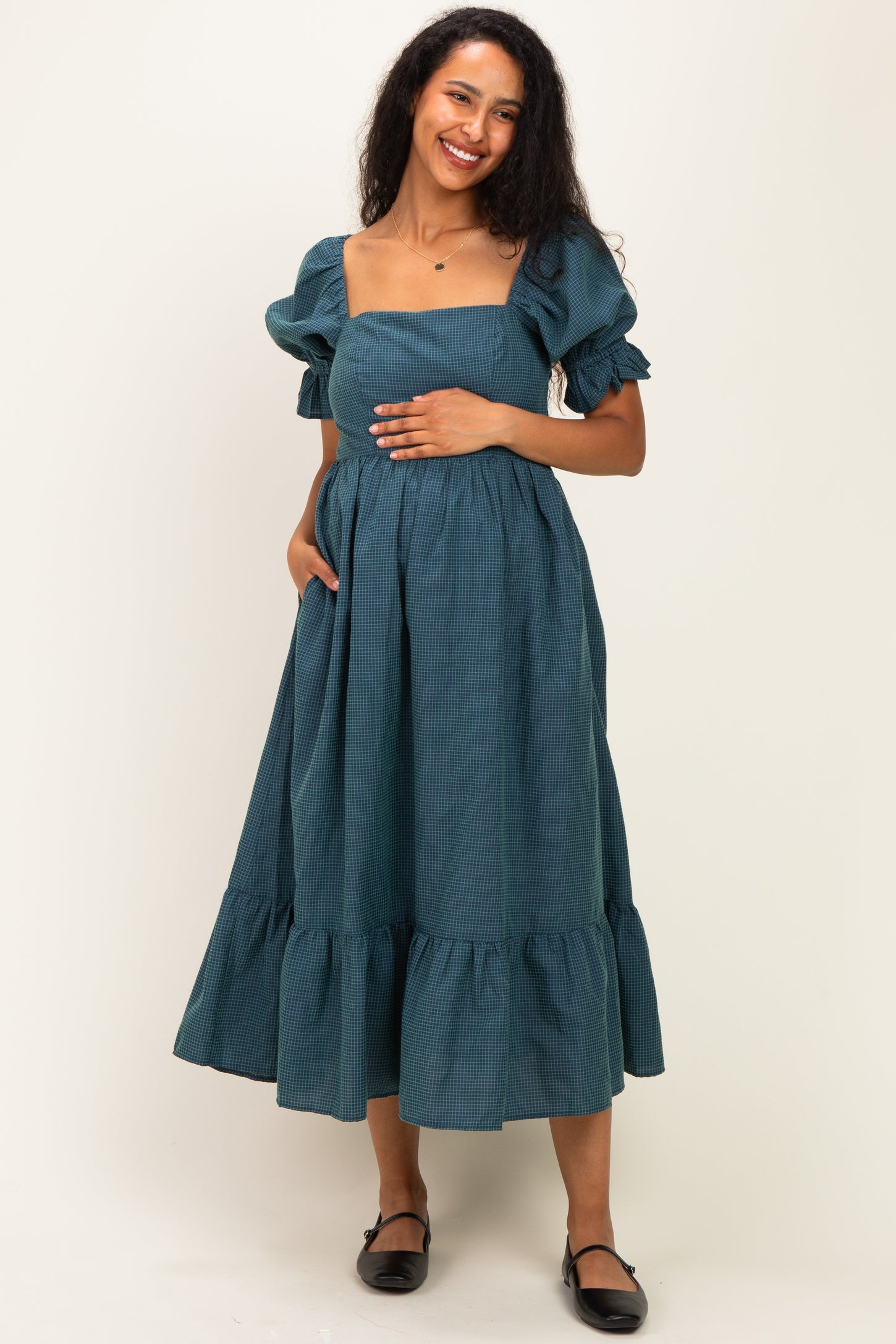 Deep Teal Gingham Square Neck Maternity Midi Dress
