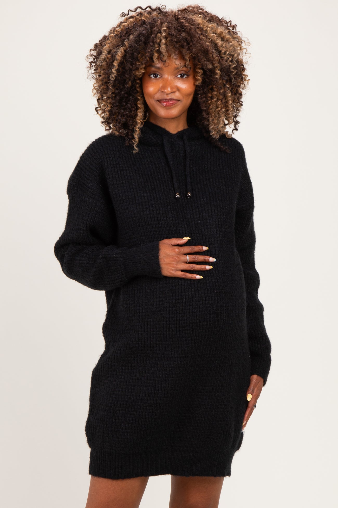Black Chunky Waffle Knit Hooded Maternity Tunic Dress
