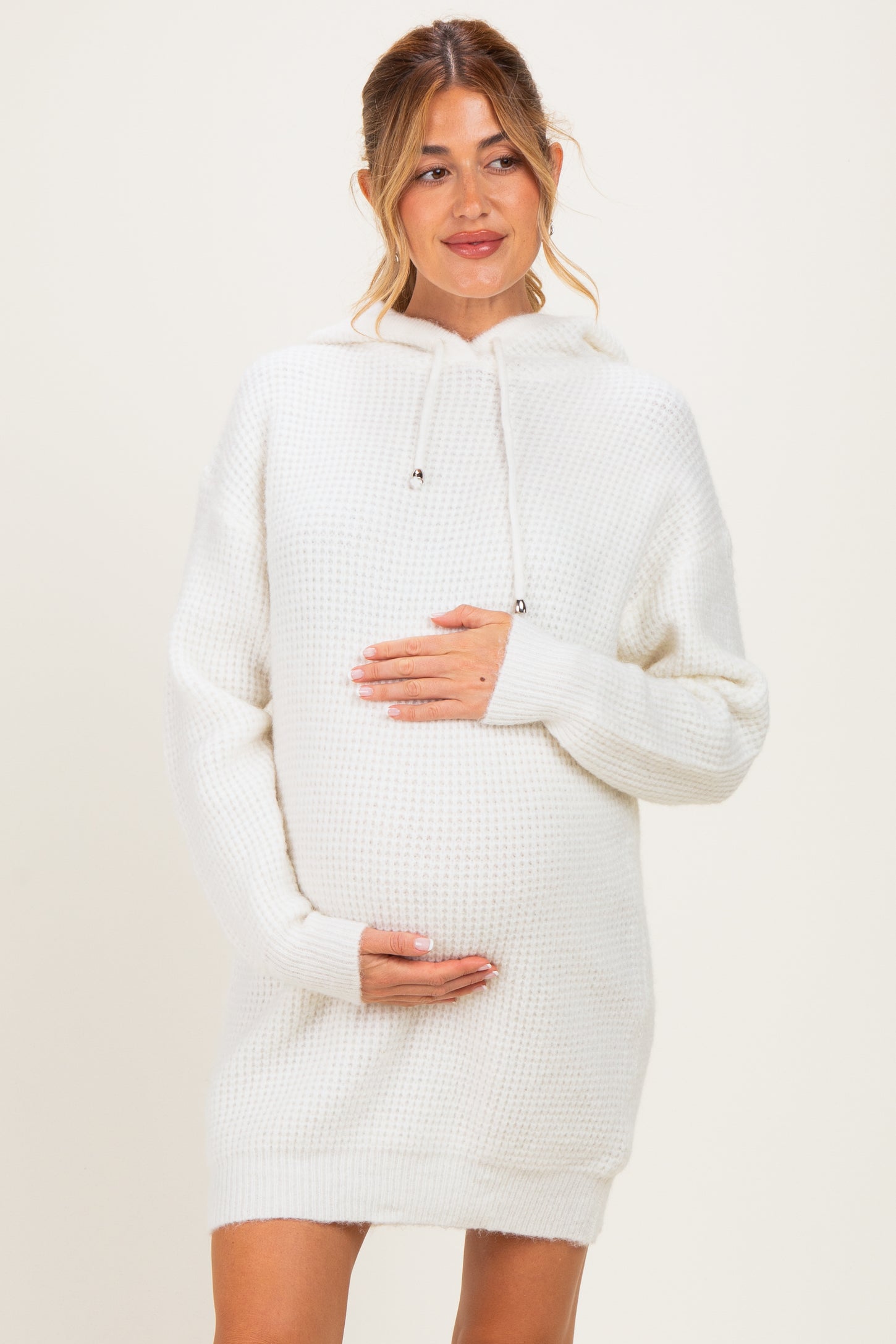 Ivory Chunky Waffle Knit Hooded Maternity Tunic Dress