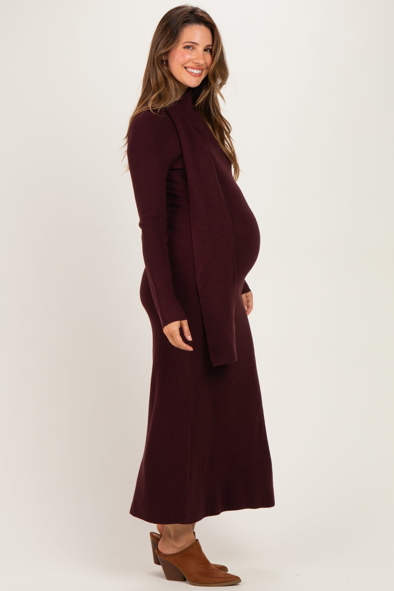 Burgundy Ribbed Knit Scarf Maternity Midi Dress
