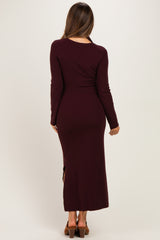 Burgundy Ribbed Knit Scarf Maternity Midi Dress
