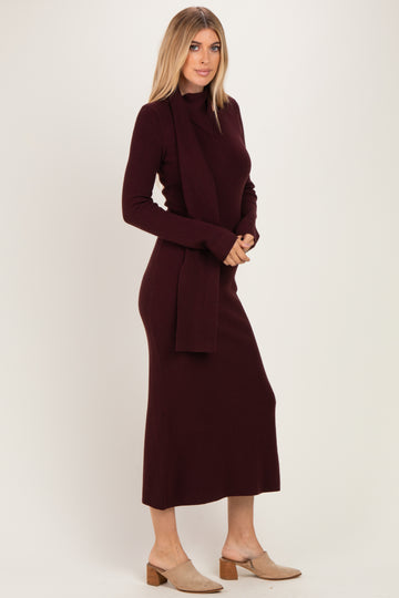 Burgundy Ribbed Knit Scarf Midi Dress