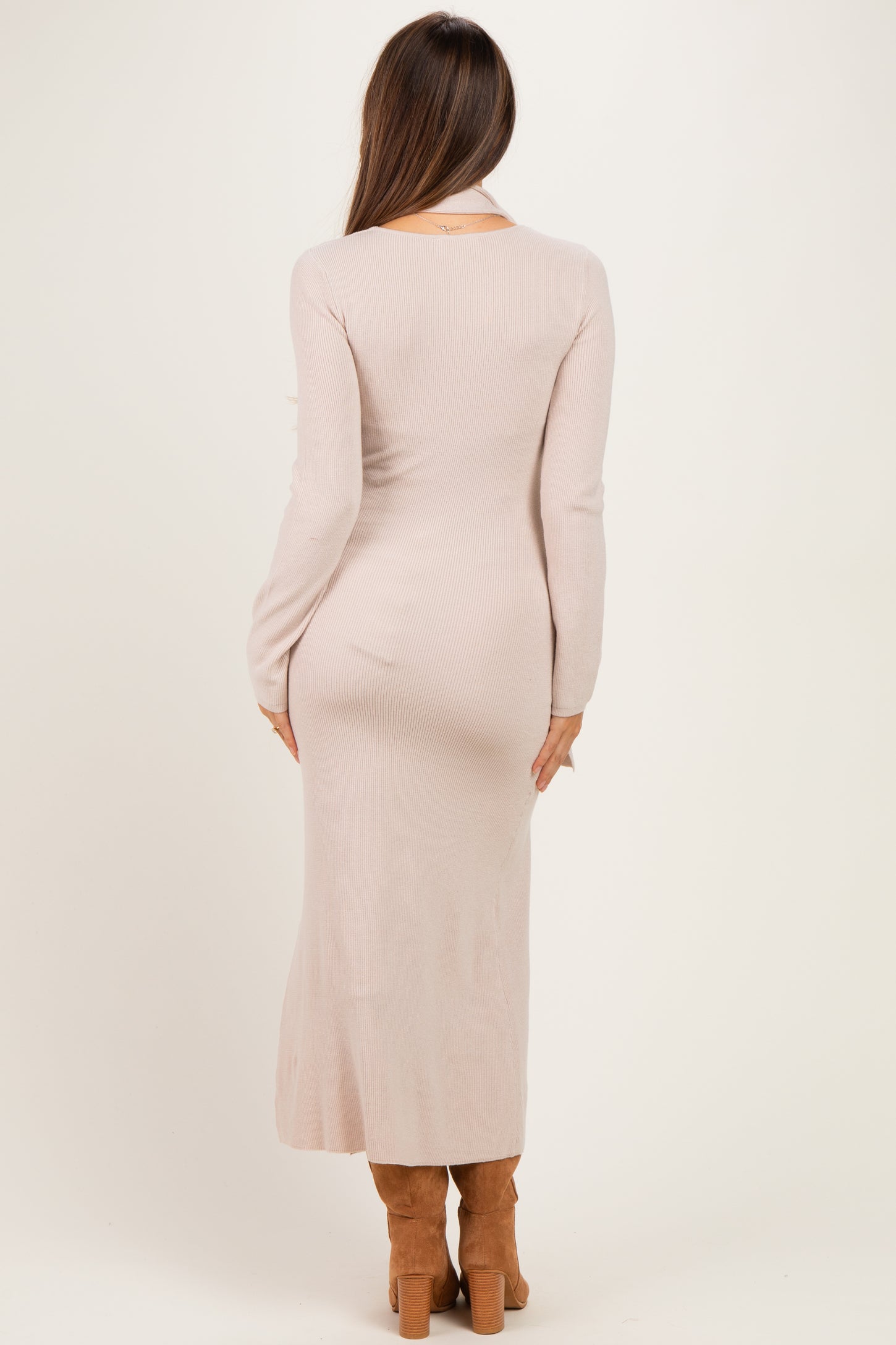 Sand Ribbed Knit Scarf Maternity Midi Dress