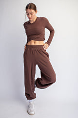 Mocha Cropped Long Sleeve Pant Set