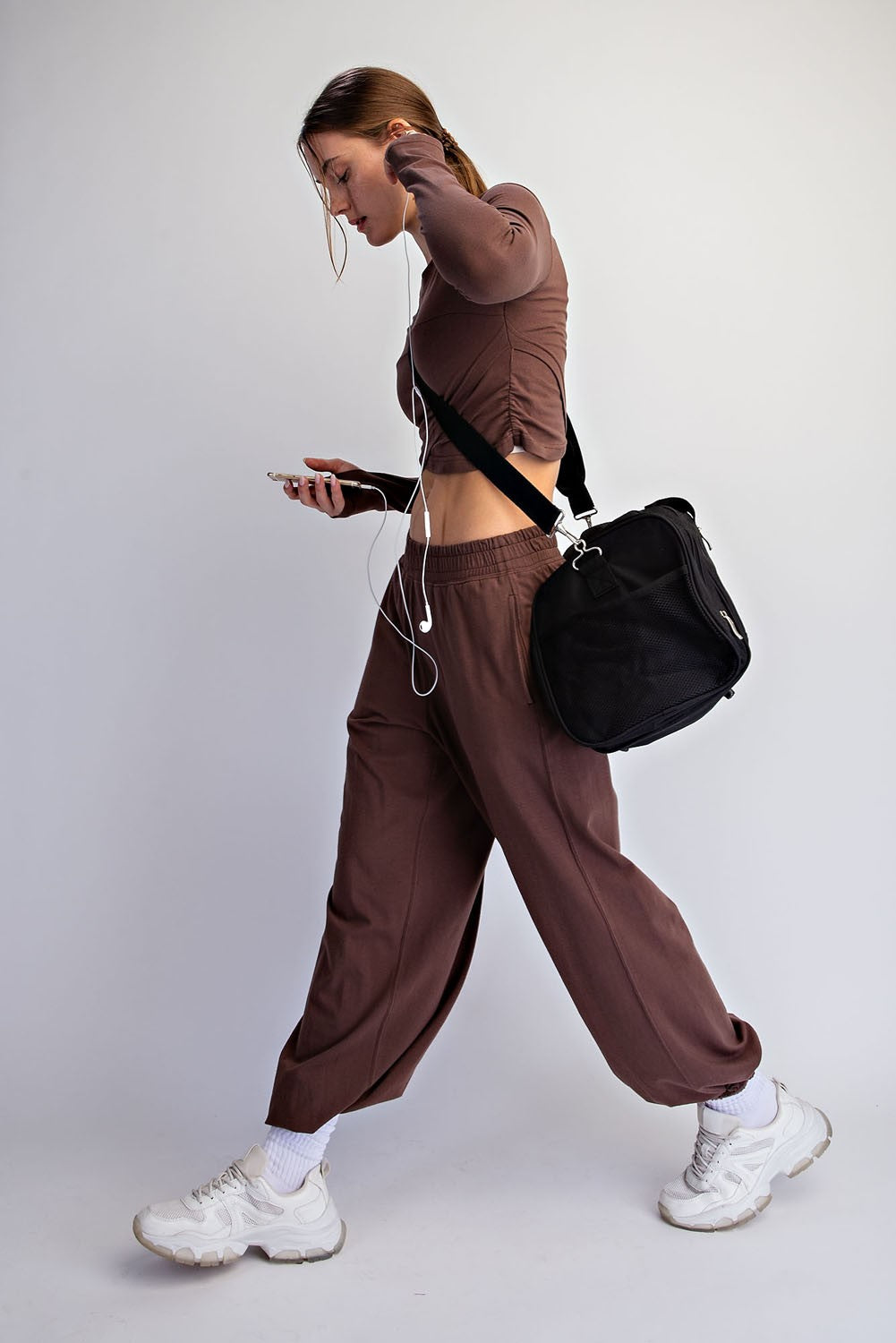 Mocha Cropped Long Sleeve Pant Set