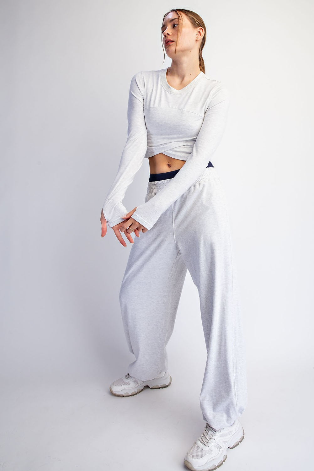 Light Heather Grey Cropped Long Sleeve Pant Set