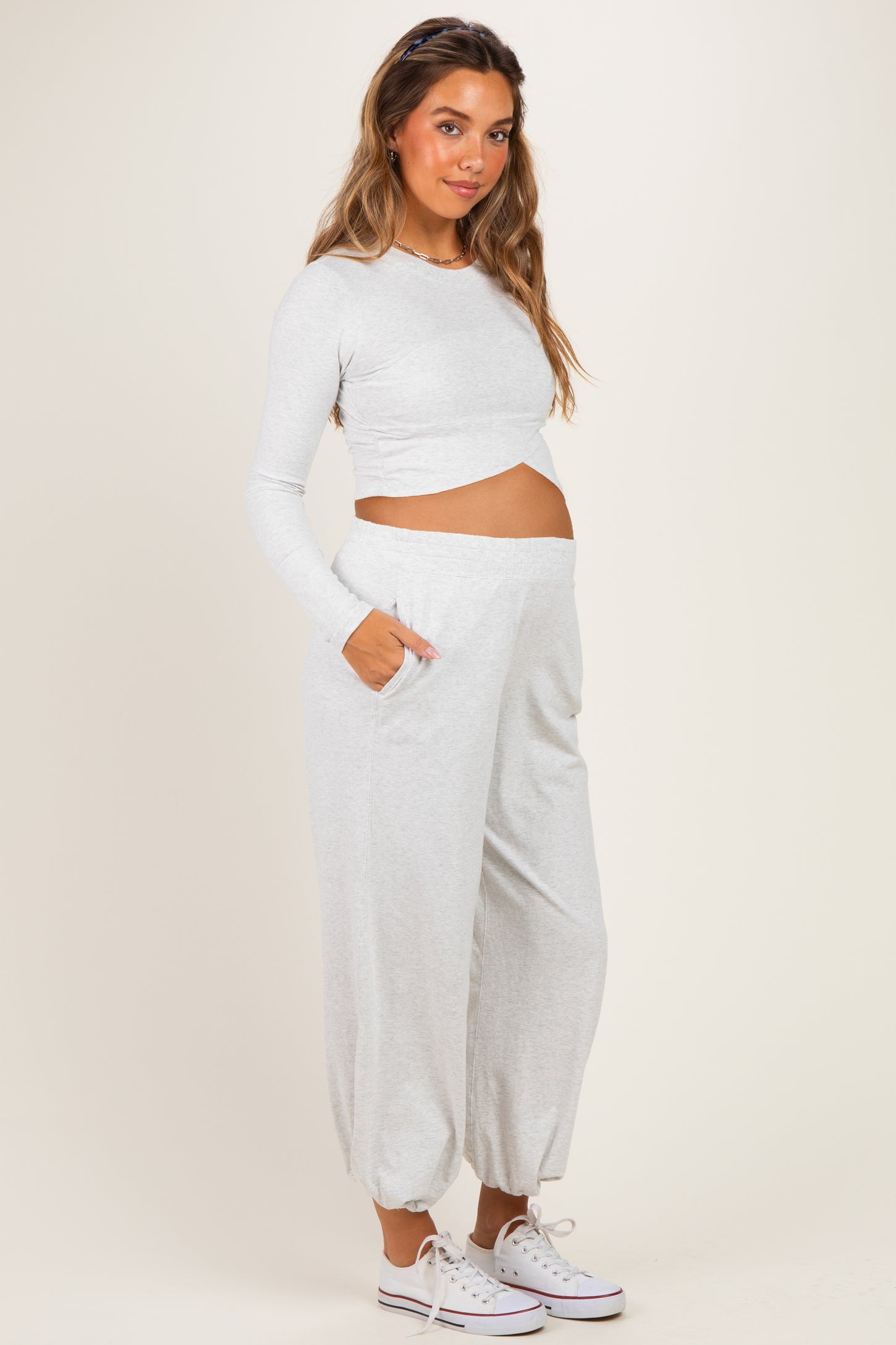 Light Heather Grey Cropped Long Sleeve Pant Maternity Set