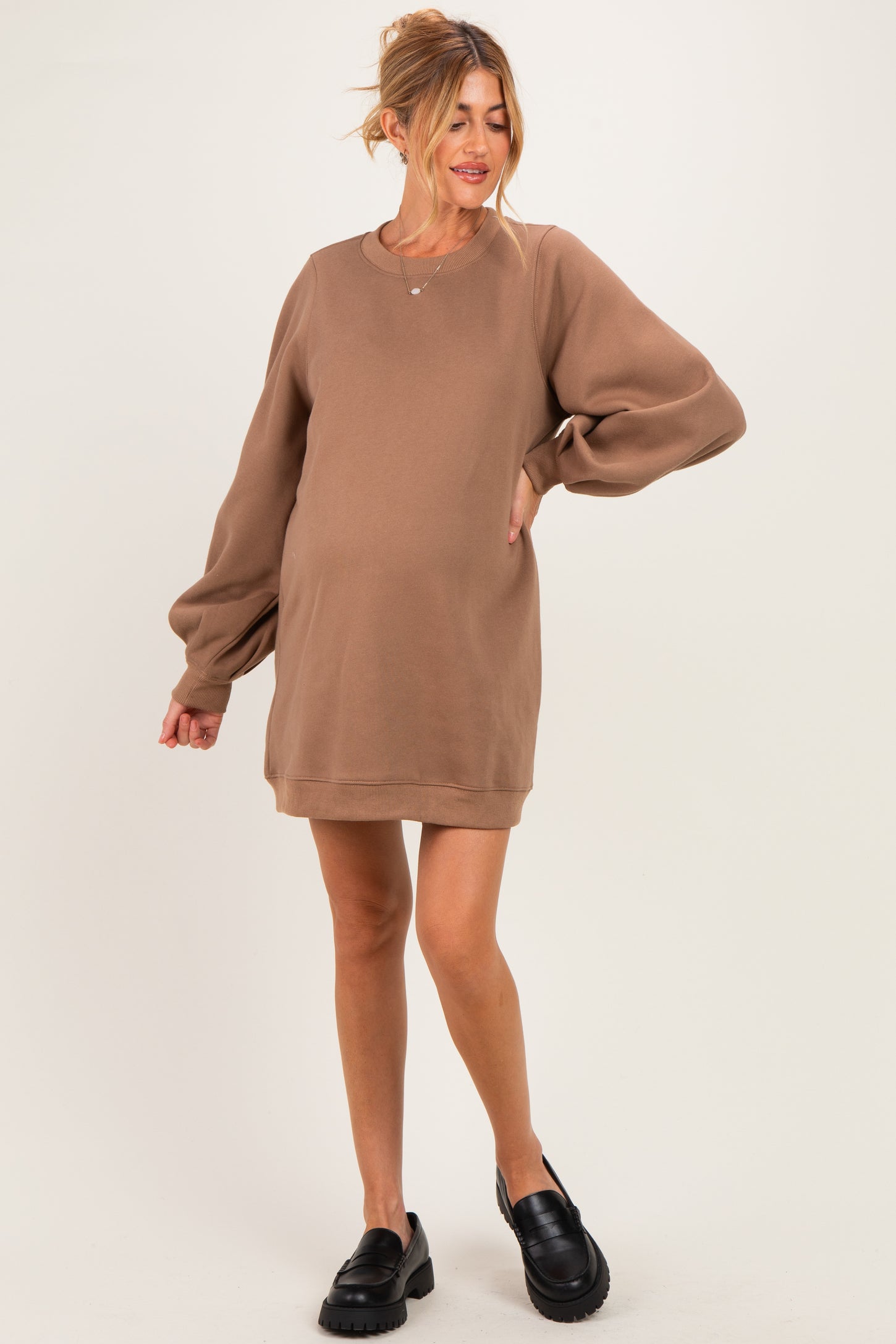Mocha Oversized Bubble Sleeve Maternity Sweatshirt Dress