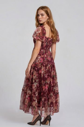 Burgundy Floral Polka Dot Tulle Midi Dress