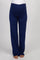 woman wearing navy blue maternity pants with a ruched waistband and a visible baby bump