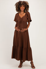 Brown Flutter Sleeve Ruffle Hem Maternity Maxi Dress