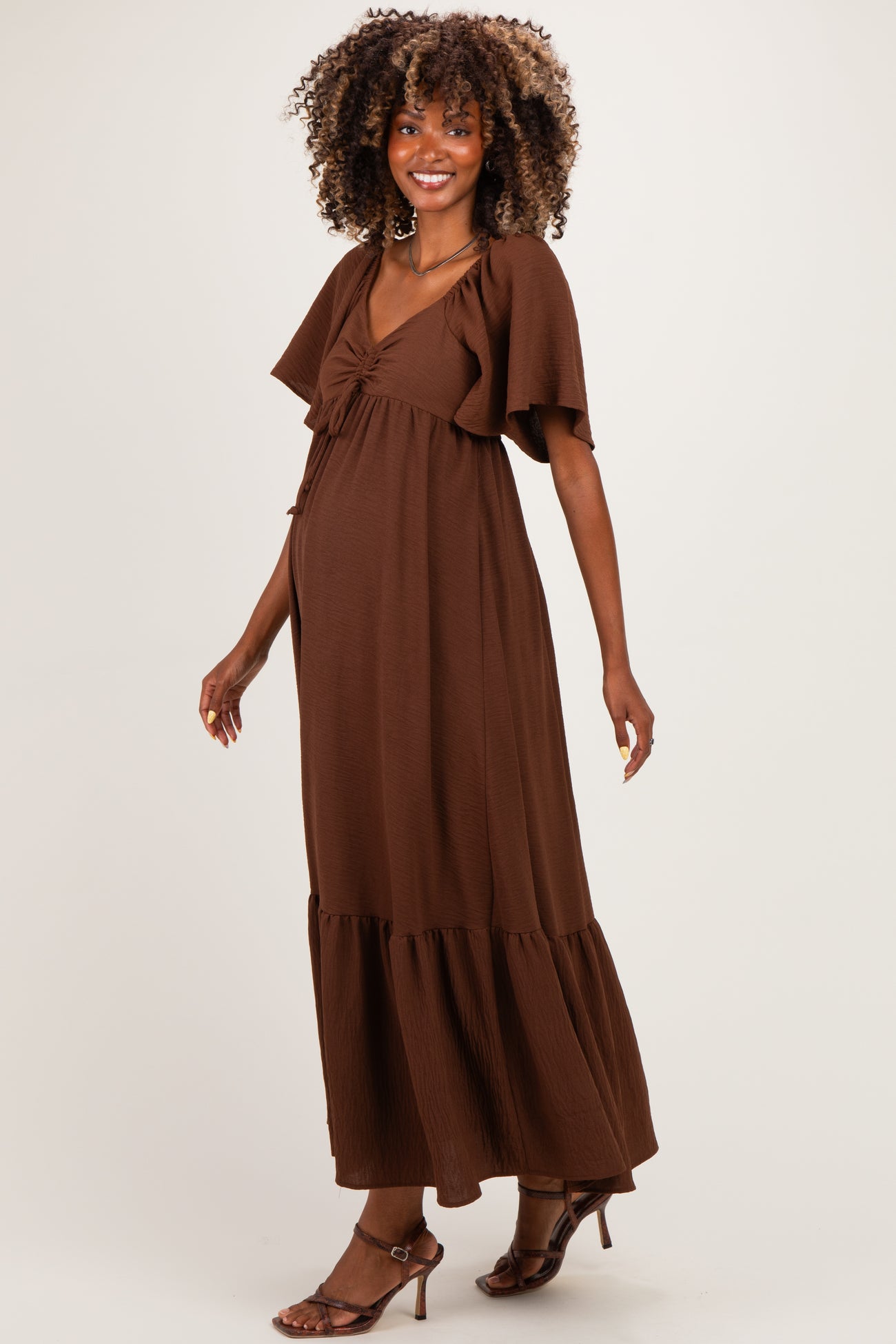 Brown Flutter Sleeve Ruffle Hem Maternity Maxi Dress
